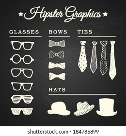 Hipster graphic set with glasses, ties, bows and hats on chalkboard background, eps10