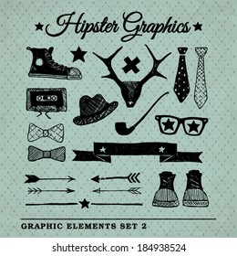 Hipster graphic set on the vintage background with repeating geometric tiles of rhombuses, eps10