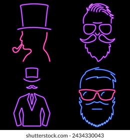hipster group of neon icons, vector illustration on black background.