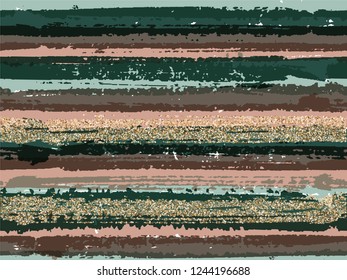 Hipster grunge texture brush stroke stripes with gold glitter sparkles vector seamless pattern background. Sparkles golden glitter glossy confetti over ink lines pattern. Fabric print.