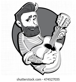 hipster with a guitar. male character