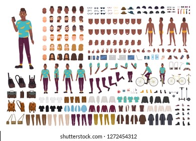 Hipster guy animation kit. African American man dressed in trendy clothes. Collection of male flat cartoon character body parts in various postures isolated on white background. Vector illustration.