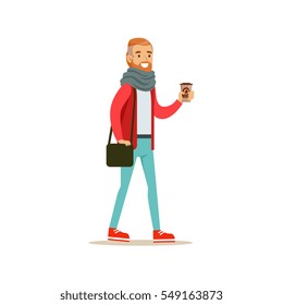 Hipster Guy With A Beard Holding A Paper To Go Coffee Cup Walking On The Street Vector Illustration