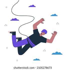 Hipster guy bungee jumper. Young man jumping and flying. Healthy active lifestyle and extreme sport creative concept. Male person free fall with rope. Vector eps art illustration