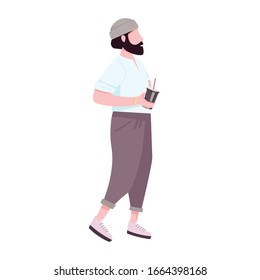 Hipster guy with coffee to go flat color vector faceless character. Fashion, stylish bearded man holding disposable take away cup isolated cartoon illustration for web graphic design and animation