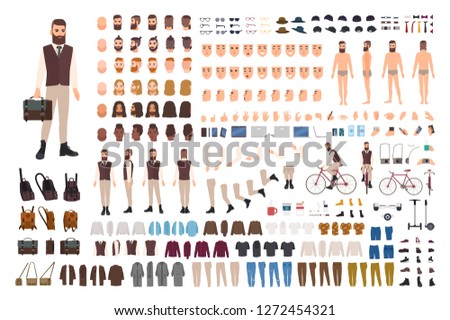 Hipster guy construction set. Bearded man dressed in office formal clothes and holding bag. Set of flat cartoon character details, poses, gestures isolated on white background. Vector illustration.