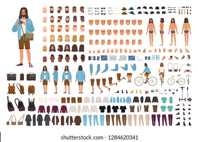 Hipster guy DIY set or animation kit. Man dressed in trendy clothes. Collection of male flat cartoon character body parts, emotions, hairstyles isolated on white background. Vector illustration.