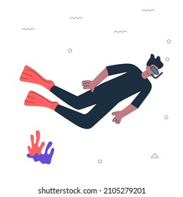 Hipster guy freediving with snorkel. Young man diving underwater. Healthy active lifestyle and extreme snorkeling sport creative concept. Male person snorkeler. Freediver vector eps art illustration