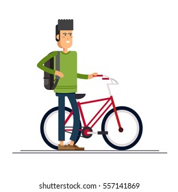 Hipster guy having fun riding bicycle with backpack . Guy having free time on weekend. Summer break outdoor recreation. Happy man riding bike. Vector character