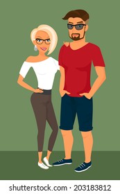 Hipster guy and his blond pretty girlfriend wearing glasses