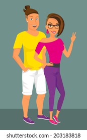 Hipster guy and his brunette pretty girlfriend are going to the party