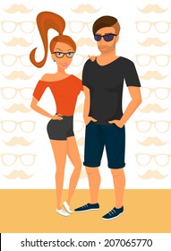 Hipster guy and his smiling girlfriend wearing red hair and glasses