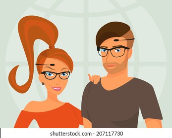 Hipster guy and his smiling girlfriend are wearing glasses