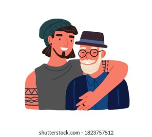 Hipster guy hugging old grandfather feeling love and tenderness vector flat illustration. Happy adult grandchild and granddad enjoying family relationship isolated on white. Cute smiling relatives