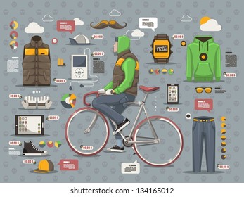 Hipster guy on a bicycle vector background, info graphic