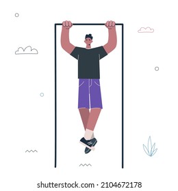 Hipster Guy Pull Up On Horizontal Bar. Young Man Street Workout Exercise. Male Person Work-out. Healthy Active Lifestyle And Sport Creative Concept. Vector Eps Illustration