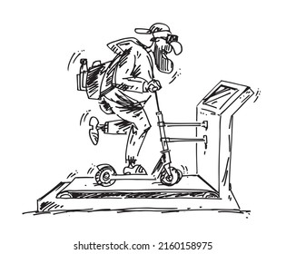 Hipster guy riding scooter on a treadmill. Cartoon caricature, comic style vector illustration.