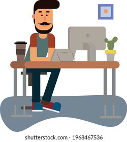 Hipster guy sitting at the table and working on laptop flat style