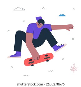 Hipster guy skateboard trick. Young man skateboarder jump. Healthy active lifestyle and extreme sport creative concept. Male person on skate board. Skateboarding vector eps art illustration