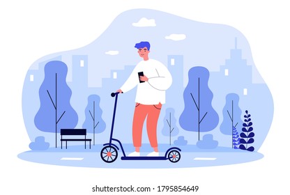 Hipster guy with smartphone riding electric scooter in city. Young man using portable urban transport on sidewalk. Vector illustration for transportation, activity, urban lifestyle concept