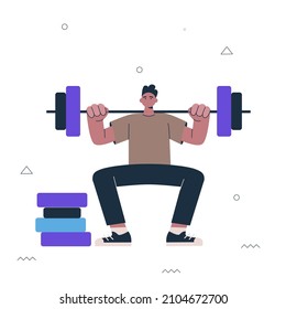 Hipster Guy Squat With Barbell. Young Man Gym Exercise. Male Person Lifting Heavy Bar. Healthy Active Lifestyle And Sport Creative Concept. Vector Eps Illustration