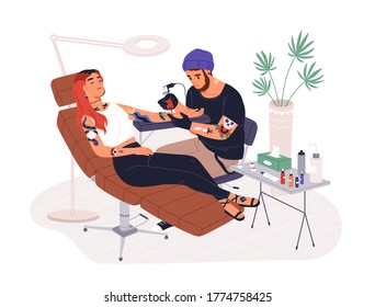 Hipster guy tattoo master at work vector illustration. Professional tattooer working with female client use ink machine at studio isolated on white. Male tattooist create adornment on hand