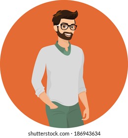 Hipster guy wearing green fashion jeans and cardigan, close-up vector illustration. 