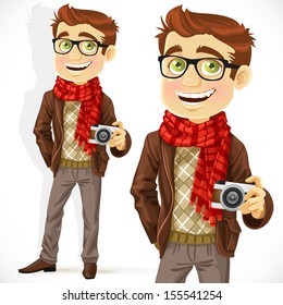 Hipster guy wearing a scarf and with a camera isolated on white background