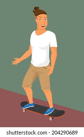 Hipster guy wearing small ponytail on skateboard