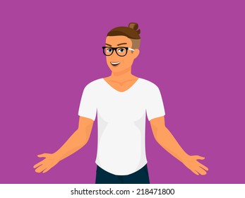 Hipster guy wearing small ponytail and white t-shirt isolated.