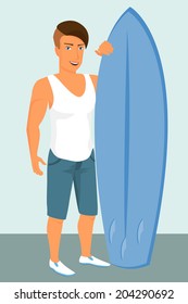 Hipster guy wearing stylish haircut with blue surfboard