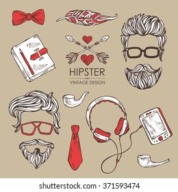  Hipster hair and beards  and hipster elements and icons. , hand drawn