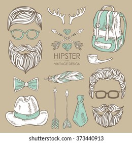 Hipster hair and beards and hipster elements and icons. , hand drawn