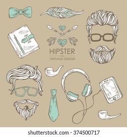 Hipster hair and beards and hipster elements and icons. , hand drawn