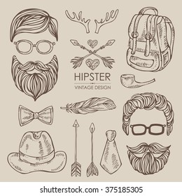 Hipster hair and beards and hipster elements and icons. , hand drawn