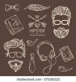 Hipster hair and beards and hipster elements and icons. , hand drawn