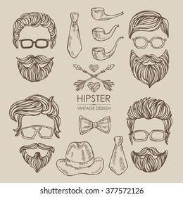 Hipster hair and beards and hipster elements and icons. , hand drawn