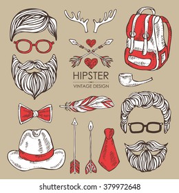Hipster hair and beards and hipster elements and icons. , hand drawn