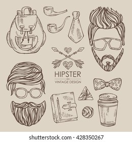 Hipster hair and beards and hipster elements and icons. , hand drawn