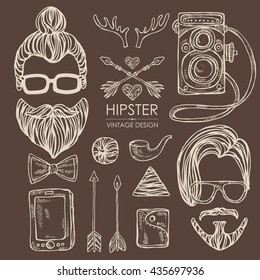 Hipster hair and beards and hipster elements and icons. , hand drawn