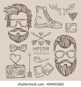 Hipster hair and beards and hipster elements and icons. , hand drawn