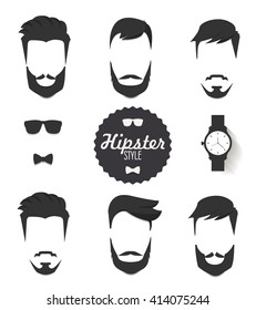 Hipster hair and beards, fashion vector illustration set.