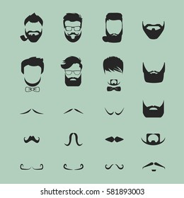 Hipster hair and beards mustache set vector