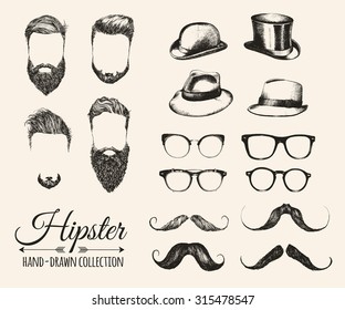 Hipster hair, beards, mustaches, hats, bowler, fedoras and eyeglasses. Vector illustration.