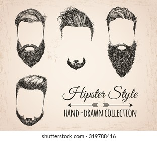 Hipster hair, beards, mustaches. Vector illustration.