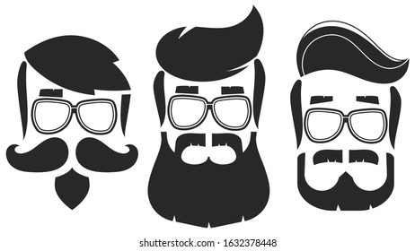 Hipster Hair And Beards With Sunglasses Set. Fashion Bearded Man Faces. Beard Isolated On White Background. Hipsters With Different Haircuts, Mustaches, Beards.