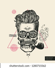 Impresión de póster del vector de tubos de humo de la cabeza de Hipster. Moderno Mustache Skeleton Face Retrato en gafas de sol. Banner Geométrico Elegante De Tipografía Urbana. Tatuaje negro monocromo de la cabeza de marinero