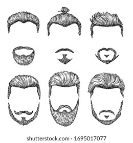 Hipster haircut. Hand drawn vintage hair styles. Isolated man beards and moustache models. Creative fashionable male sketch faces vector set