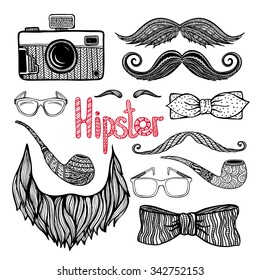 Hipster hairstyle  beard moustaches and trendy fashion accessories doodle style black icons collection abstract vector isolated illustration