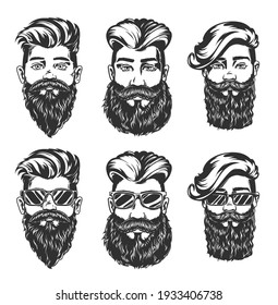 Hipster hairstyle and beard style vector sketches of men faces with fashion haircuts, beards, mustaches and glasses, isolated hand drawn heads with undercut, angular fringe and pompadour hairstyles